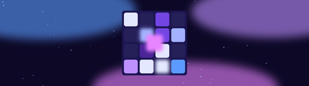 Bandeau 2048 : le motif du jeu en néon bleu et violet sur nuit profonde.