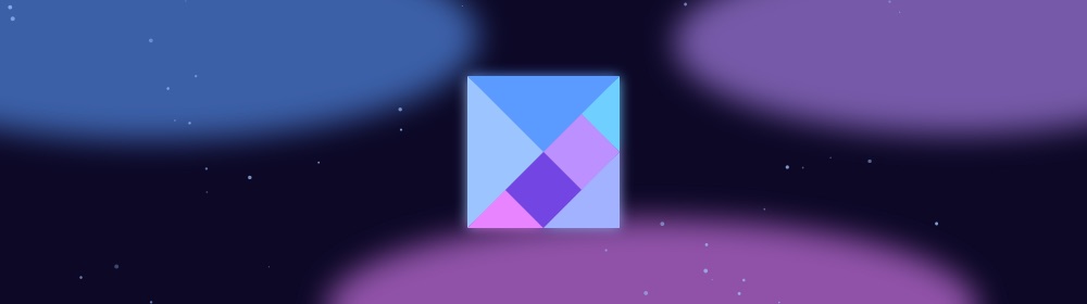 Bandeau Tangram : le motif du jeu en néon bleu et violet sur nuit profonde.
