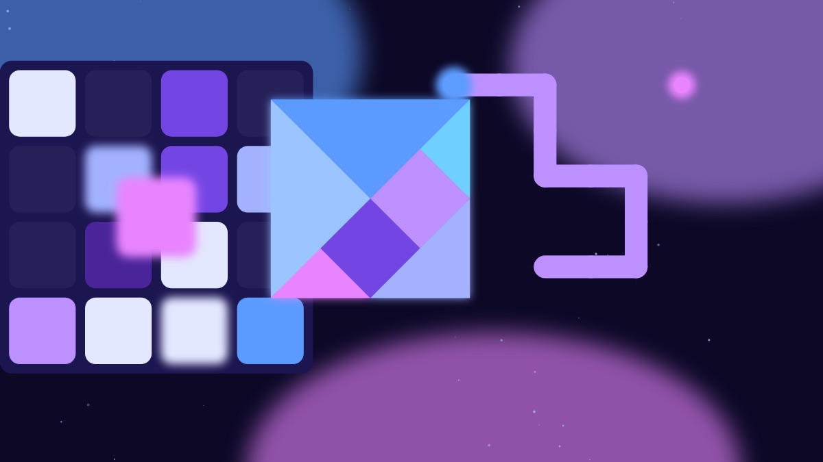 Une grille de 2048 aux tuiles bleues et violettes, un carré de tangram coloré et un serpent lumineux, sur un fond de nébuleuse étoilée.
