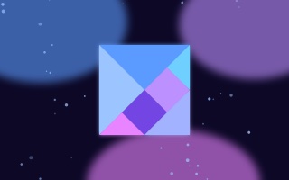 Vignette Tangram : le motif du jeu en néon bleu et violet.
